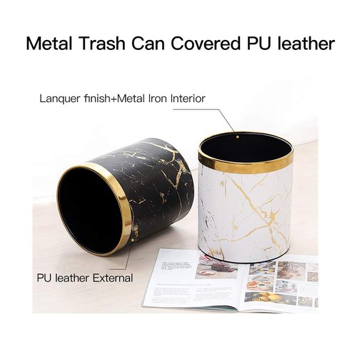 Huaqinglian Small Office Trash can Garbage can Metal Open top Wastebasket bin with Removable Gold Ring which for Hold Garbage Bag for Bathroom,Living Room,Bedroom Using (Black Gold Marble)