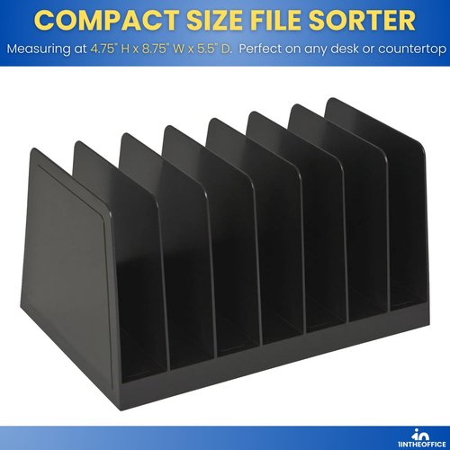 1InTheOffice Desktop File Organizer Vertical, Mail Organizer, 7 Compartments Office File Sorter, 4-3/4" H x 8-3/4" W x 5-1/2" D, Plastic, Black 2 Pack