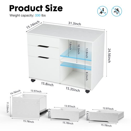 Sweetcrispy 3-Drawer File Cabinet, Lateral Mobile Filing Under Desk Storage Organizer with Wheels, Wood Printer Stand & Open Shelves for Home Office Organization - Natural White