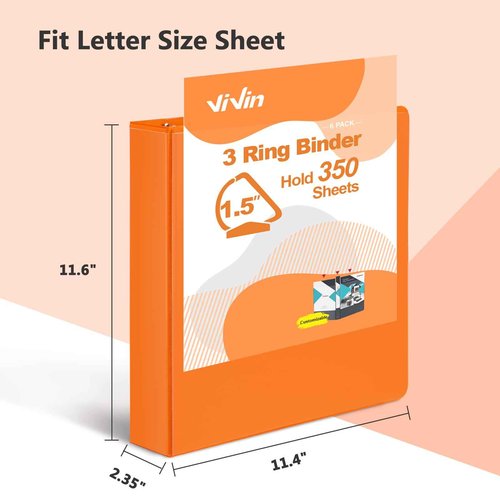 ViVin Sturdy 1.5 Inch 3 Ring Binder with Pockets, Slant-D Ring, PVC-Free, Customizable Clear View Binder,Holds 350 Sheets of 8.5" x 11" Paper,6 Pack (Orange)
