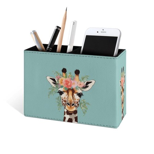Famame Cartoon Flowers Giraffe Pencil Holder for Desk, Leather Desktop Container Pen Cup Storage Study Table Pen Organizer Makeup Brush Holder for Classroom Office Home