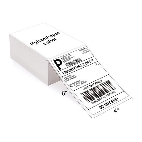 RyhamPaper 4" x 6" Fanfold Direct Thermal Labels - White Shipping Mailing Postage Labels, Perforated, Permanent Adhesive (4 Stacks - 4000 Labels)