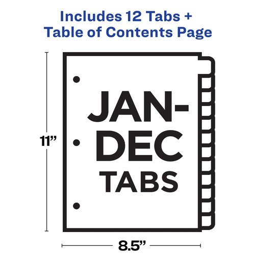 Avery Jan-Dec Tab Dividers for 3 Ring Binders, Customizable Table of Contents, Multicolor Tabs, 24 Sets(11127)