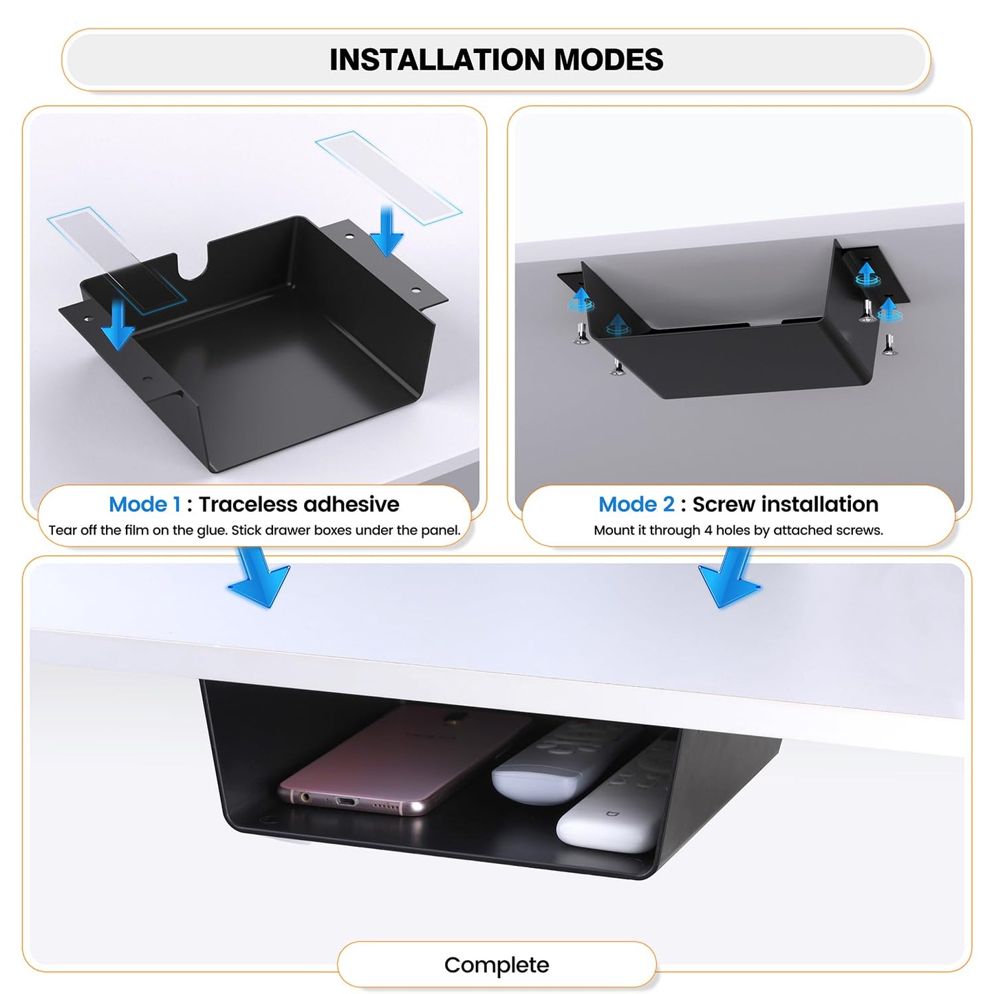 1 Pack Adhesive Under Desk Hanging Shelf Mount Drawer Organizer, Attachable Plastic Under Desk Storage Tray for Standing Desks, Tables, Workstations, Gaming, Cabinet, Increase Storage Space - Black