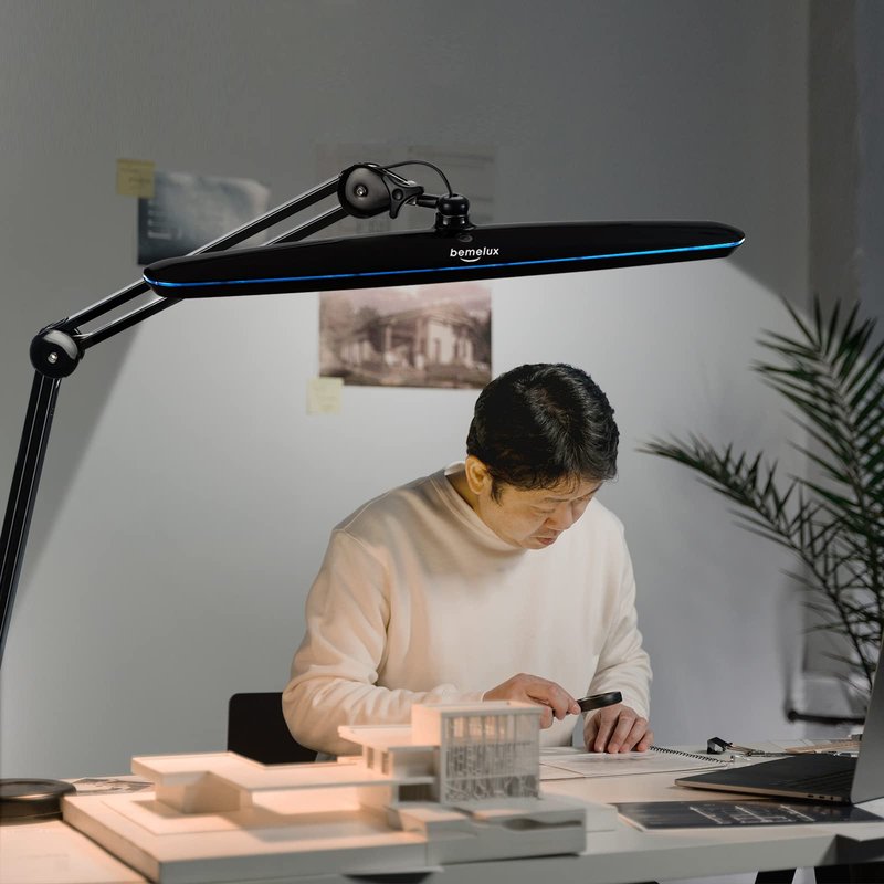 bemelux Task Lamp with Clamp, 23 Inch Lamp Head, Bright 182PCS LEDs,3 Color Temperatures, 4 Brightness Levels, Metal Swing Arm 20W 2200 Lumen Dimmable Led Desk Lamp (Black, CCT)