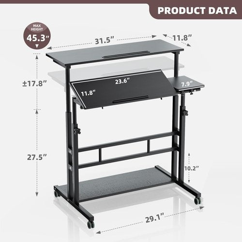AIZ Adjustable Computer Rolling Desk Cart on Wheels Home Office Workstation, Portable Laptop Tall Table for Standing or Sitting, Black