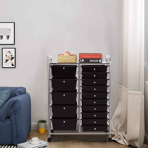 15-Drawer Storage Cart, Mobile Rolling Utility Cart w/Wheels, Multipurpose Organizer Cart for Tools, Scrapbook, Paper, Ideal for Home Office School (Black)