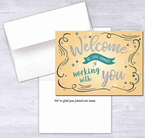 25 Employee Welcome Cards - Fun Typographic Design with Silver Holographic Foil Embossing - 26 White Envelopes - FSC Mix