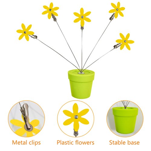 Cute Flower Table Card Memo Holder Stand,1 Pcs Photo Clips Holder Desk Stand for Memo Paper Note Monmory Photo Christmas Wedding Display with Flowerpot Shaped Plastic Base (Yellow)