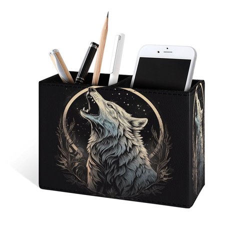 Famame Howling Wolf Moon Pencil Holder for Desk, Leather Desktop Container Pen Cup Storage Study Table Pen Organizer Makeup Brush Holder for Classroom Office Home