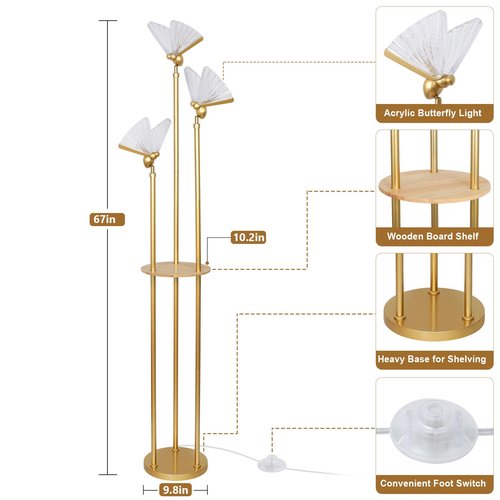 Stepeak Gold Floor Lamps for Living Room, Modern Floor Lamp with Shelves, 3 Adjustable LED Butterfly Lights, Brass Standing Lamps with Table, On/Off Switch, Corner Tall Floor Lamp for Bedroom