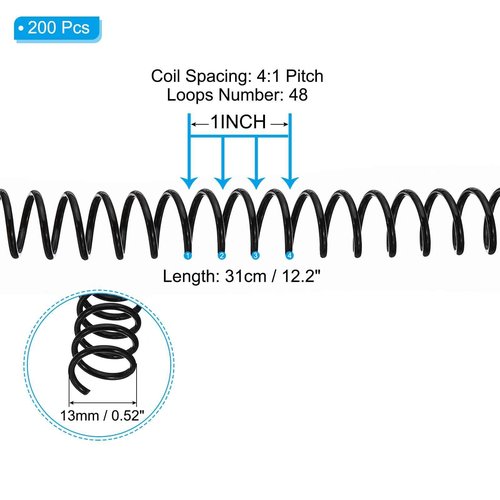 PATIKIL 12mm(1/2") Plastic Spiral Binding Coils, 200 Pcs Binding Spirals 90 Sheet Capacity 4:1 Pitch Binding Spirals for Binding Paper Sheets, Black