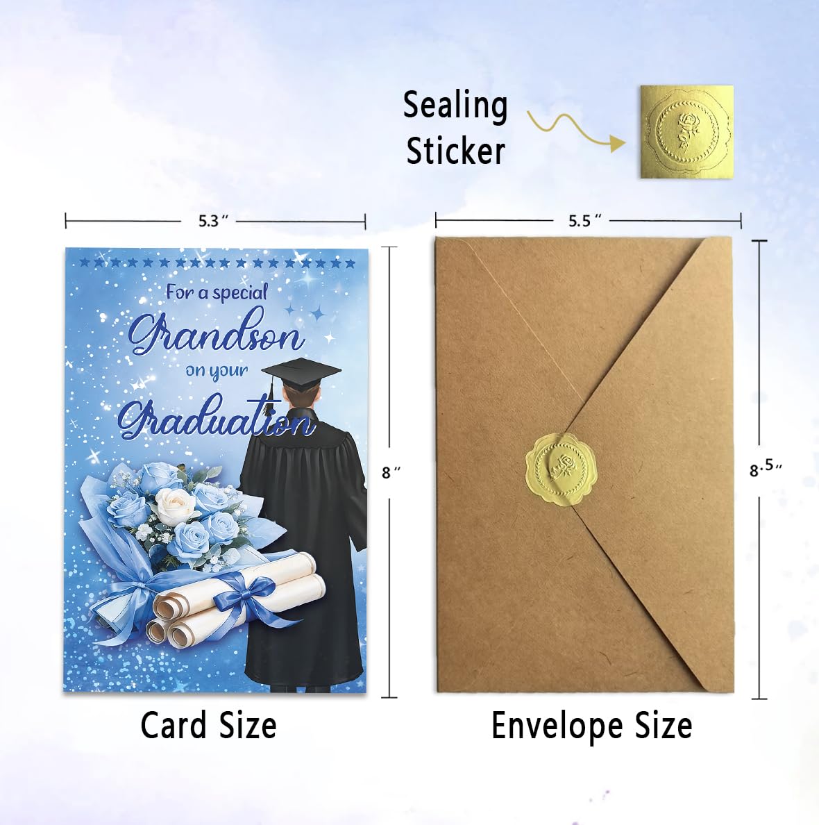 ATTLVV Grandson Graduation Card, Graduation Gift for Grandson, Congratulations Card with Printed Message Inside, with Luxury Envelope and Gold Seal Sticker
