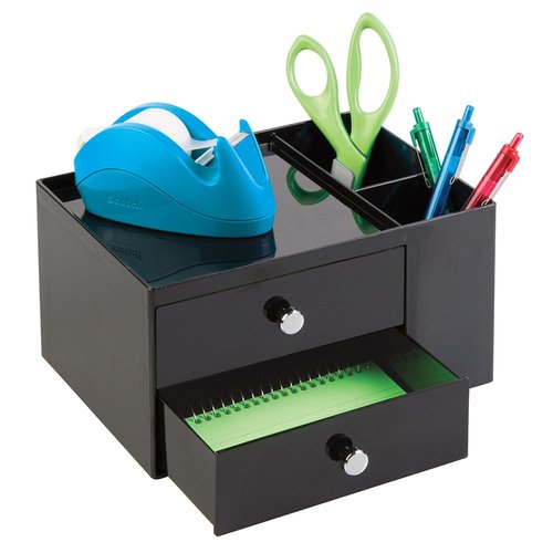 iDesign Office Supplies Desk Organizer, for Staplers, Scissors, Pens, Markers, Highlighters, Notepads - 2 Drawers, Black