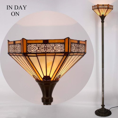 WERFACTORY Tiffany Floor Lamp Yellow Hexagon Stained Glass Mission Light 12X12X71 Inches Torchiere Standing Corner Torch Uplight Decor Bedroom Living Room Home Office S011 Series