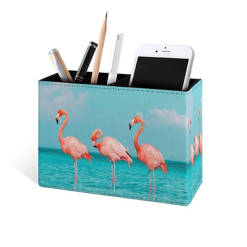 Famame Flamingo in Sea Tropical Beach Pencil Holder for Desk, Leather Desktop Container Pen Cup Storage Study Table Pen Organizer Makeup Brush Holder for Classroom Office Home
