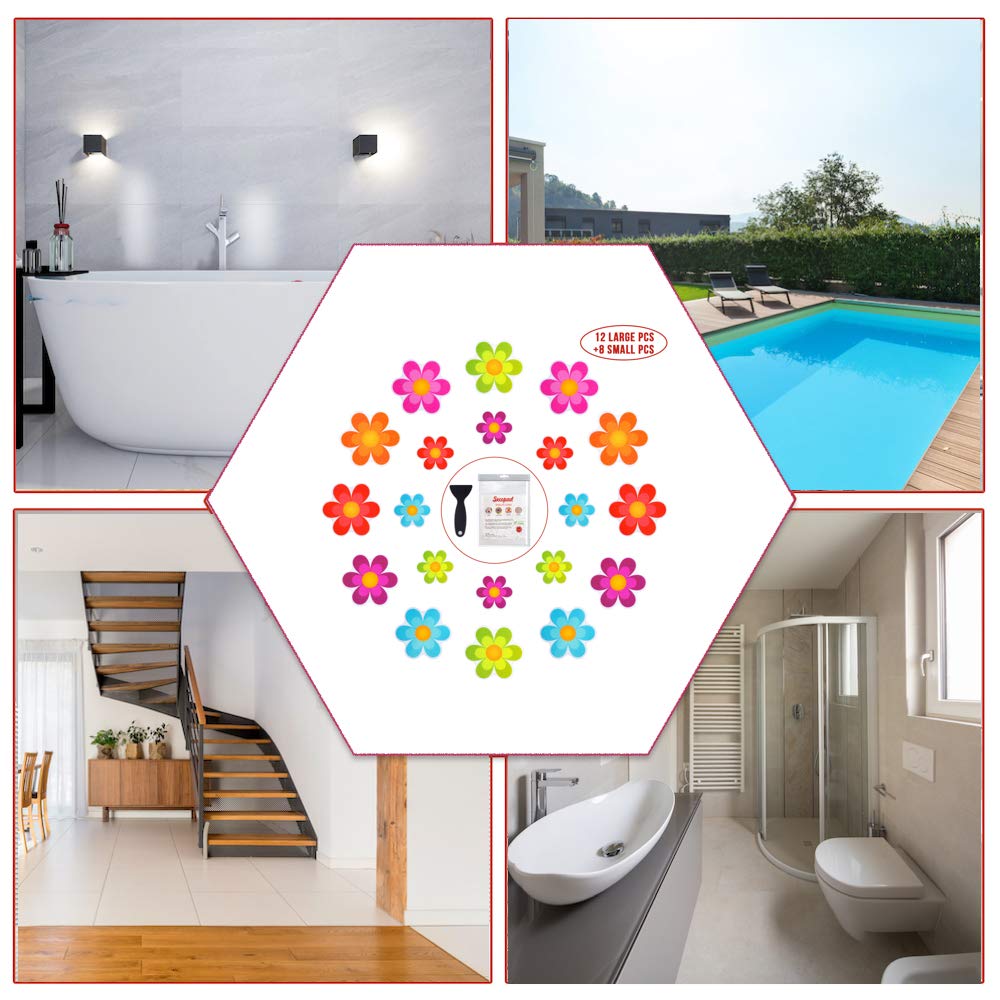 Secopad 20 PCS Original Non Slip Bathtub Stickers, Shower Floor Non Slip Stickers Bright Flowers Appliques with Premium Scraper