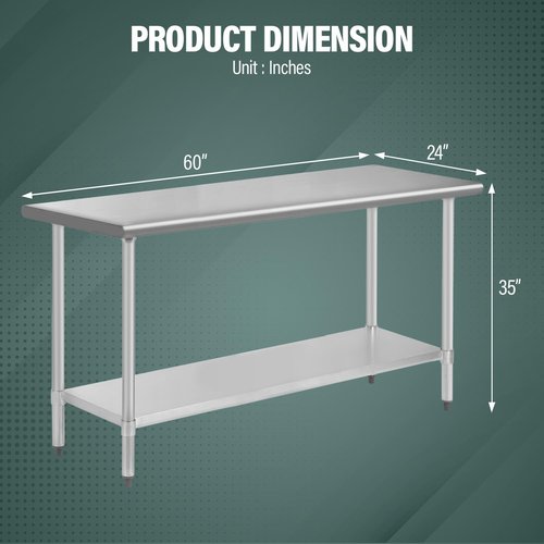 Stainless Steel Kitchen Work Table Work Table for Pre&Work 24 x 60 Inch NSF Metal Commercial Table w/Undershelf &Galvanized Legs Adjustable Table Foot Worktable Workstation for Kitchen Home Restaurant