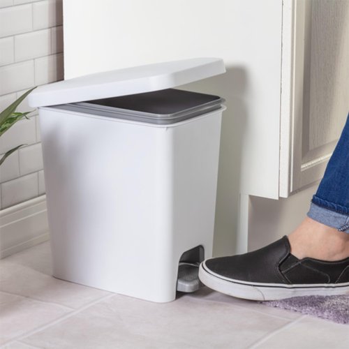 Sterilite 2.7 Gallon Rectangular StepOn Wastebasket, Small, White lid and base with Titanium pedal and Liner