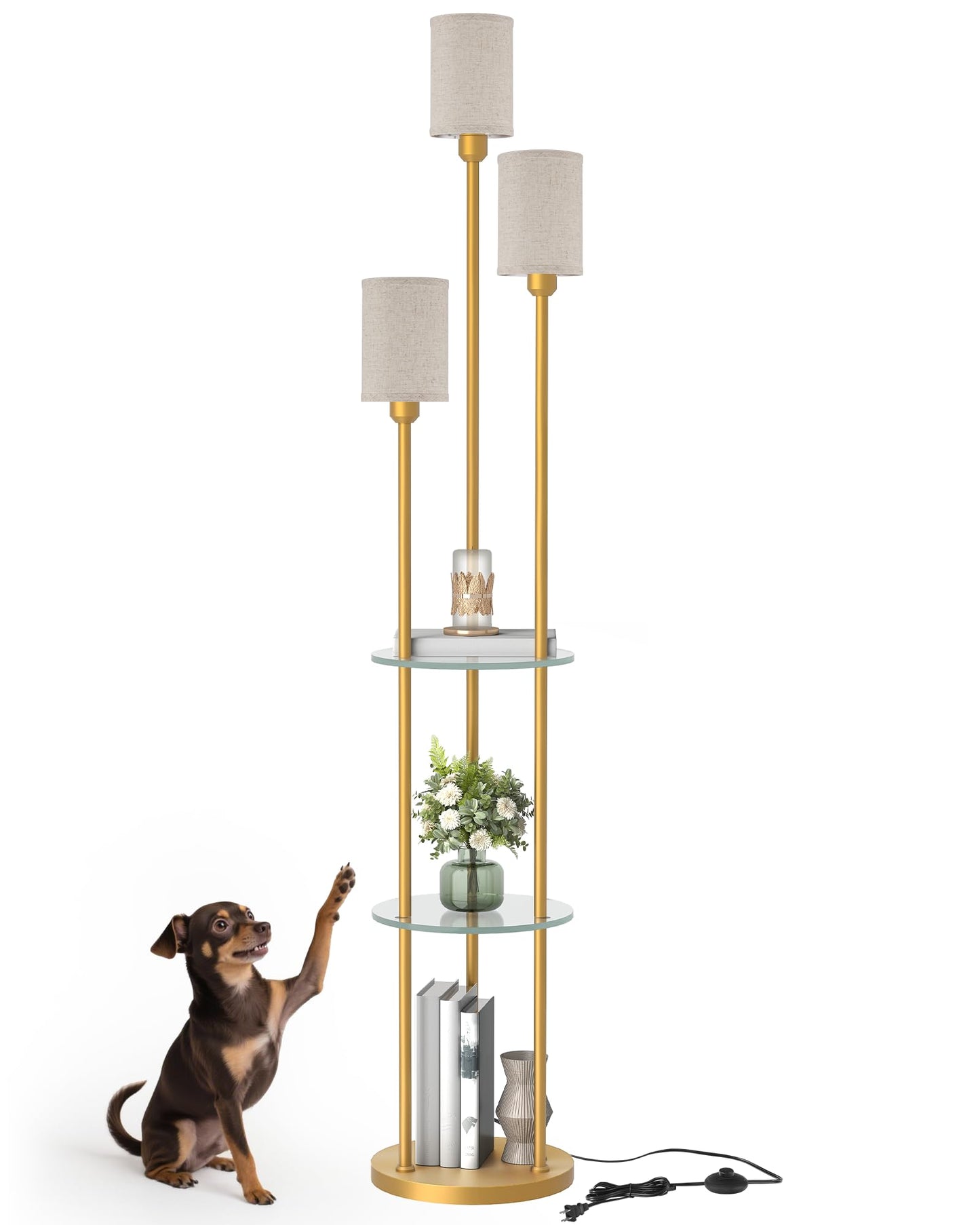 GOEBLESON Floor Lamp with Shelves, Modern Floor Lamp with 3 Linen Shades and Foot Switch, 3-Light Standing Lamp, for Living Room, Bedroom, Study, Office, Gold and Beige ED53LD05