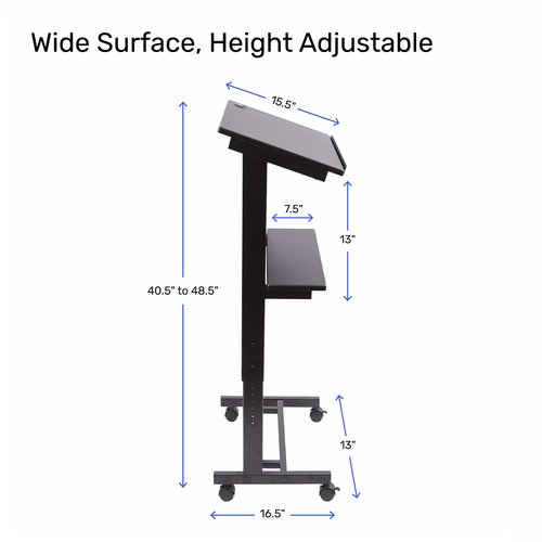 Stand Up Adjustable Height Lectern Podium | Rolling Desk with Storage Shelf | Ergonomic Standing Desk Frame for Office, Classroom, Laptop, Teaching, Presentations & More (Black)
