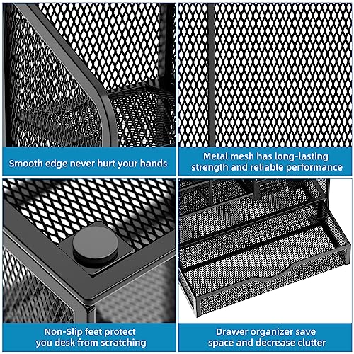 Marbrasse Mesh Pen Holder for Desk, Multi-Functional Pencil Organizer with Drawer, Desk Organizers and Accessories for Office Art Supplies (Black)
