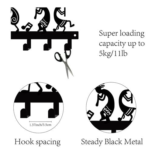 CREATCABIN Metal Key Holder Kokopelli Flute Music Black Wall Mounted Organizer Iron Rack Hanger Decorative 6 Hooks for Entryway Front Door Kitchen Garage Yoga Office,with Screws and Anchors 10.6inch