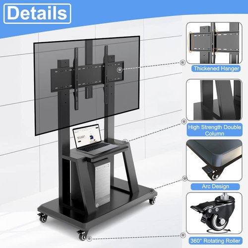 Hellsehen Mobile TV Stand,Rolling TVs Cart on Wheels Height Adjustable Heavy-Duty Floor Stand Base for 32-75 Inch LCD LED OLED Flat Panel Screens Smartboard Movable Holds up to 100lbs with Shelf