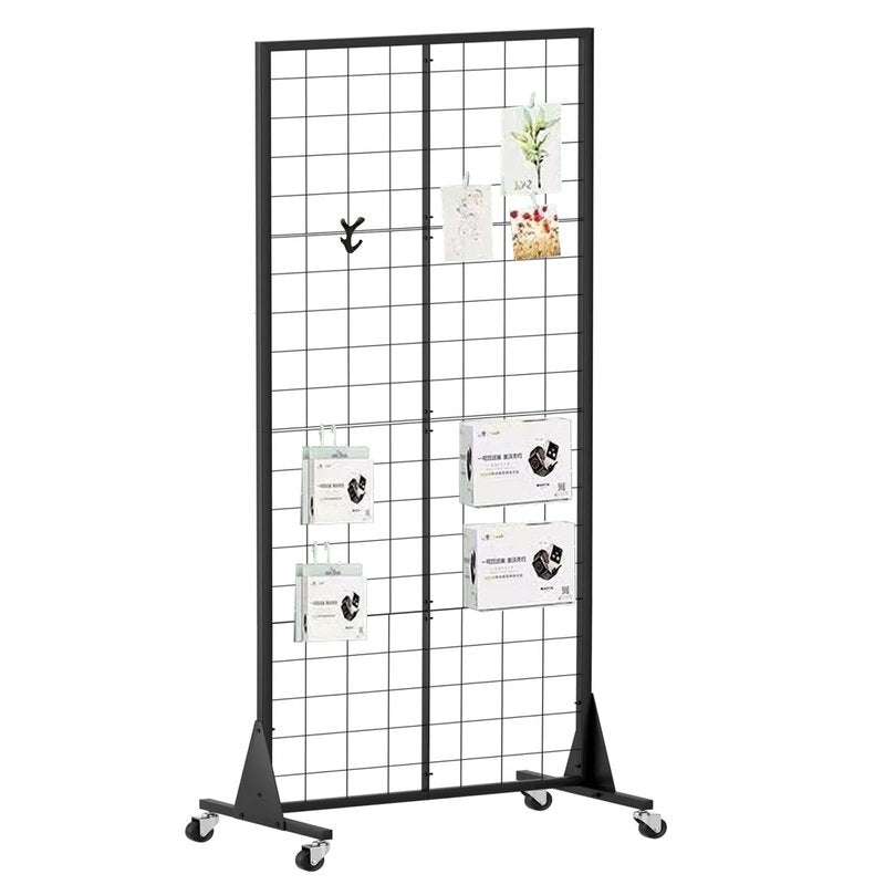 QKOSMTL Gridwall Panel Display Stand, 2'x5.5' Heavy Duty Floor Standing Rack with Detachable Girdwall, Movable Silent Wheel, Easy to Transport, Ideal for Retail & Craft Fairs