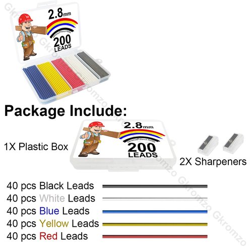 200 Pack 2.8mm Mechanical Pencil Leads for Woodworking, Engineering Drafting & Metal Punching - Durable Deep Hole Marking, Precision Line Drawing - Professional Grade Color Automatic Pencil Refills