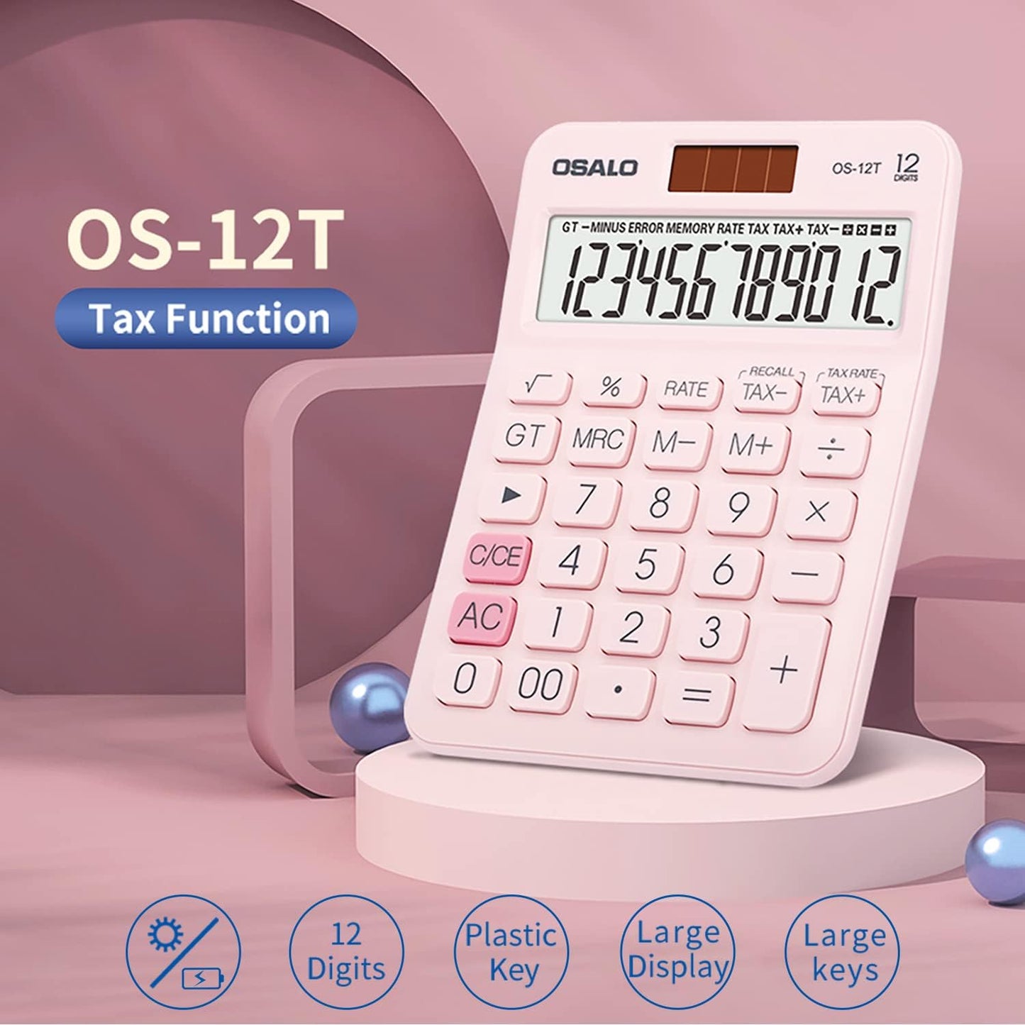 Skiennix Pocket Desk Calculator - 12 Digit LCD Display | Solar & Battery Power, Compact Size (Pink)