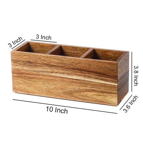 YOSCO Wood Pens Pencils Holder Cup for Desk Remote Control Holder, Caddy, Organizer, Desktop Storage with 3 Compartments, Makeup Brush Holder, Silverware Caddy for Party, Office Supplies (Acacia)