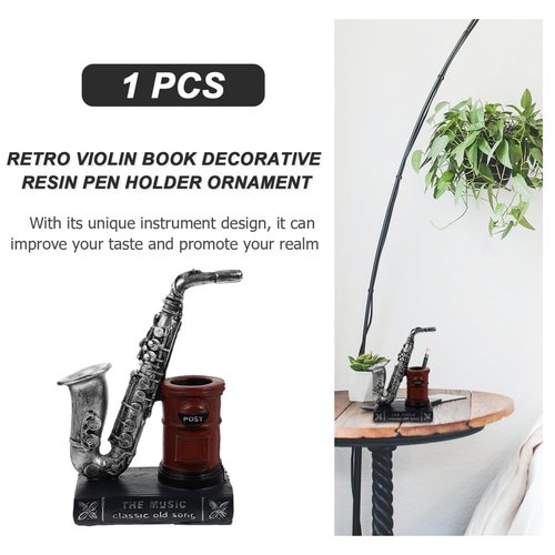 Makeup Decor Resin Pen Holder Saxophone Statue Pencil Cup Musical Pen Holder Makeup Holder Office Desktop Organizer Container Bookshelf Decoration Dresser Decor
