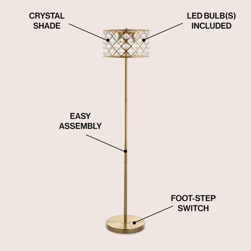 JONATHAN Y JYL9000A Elizabeth 60" Crystal/Metal LED Floor Lamp, Contemporary, Transitional, Elegant, Geometric, Office, Living Room, Family Room, Dining Room, Bedroom, Hallway, Foyer, Brass Gold/Clear