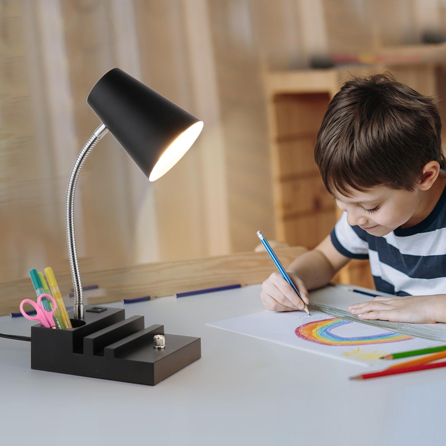 LALISU Study Desk Lamp with USB Charging and Type-C Night Light, Gooseneck LED Table Lamp Stepless Dimming Study Table Lamp with Pen Holder for College Dorm Bedroom and Office (White)