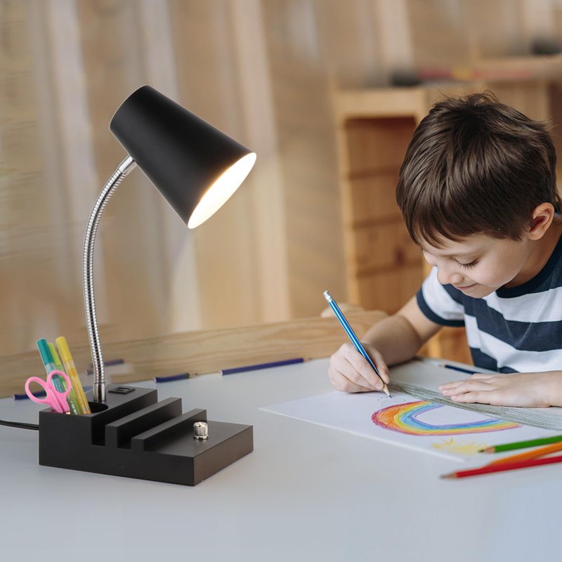 LALISU Study Desk Lamp with USB Charging and Type-C Night Light, Gooseneck LED Table Lamp Stepless Dimming Study Table Lamp with Pen Holder for College Dorm Bedroom and Office (White)