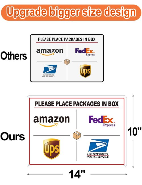 Set of 2 Delivery Signs for Packages, Please Place Packages in Box Sign, Including 14 x 10 in Aluminum Sign & 10 x 7 in Stickers, Clear Visibility & Weatherproof