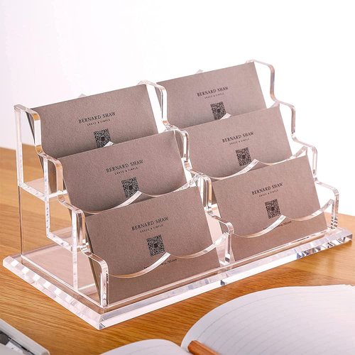 SHANGJI Business Card Holder for Desk, Vertical Clear Acrylic Business Card Display Holders for Desktop (3Tier 6Pocket), (BCH-01)