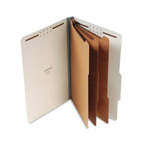 Universal Eight-Section pressboard Classification folders, 3" Expansion, 3 dividers, 8 Fasteners, Legal Size, Gray Exterior, 10/Box
