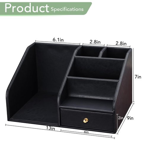 GORESE PU Leather Desk Organizer, File Organizer with Drawer and 4 Compartments, Desktop Organization with Magazine file Holder for Office Supplies, Elegant Gift for Men Who Have Everything, Black