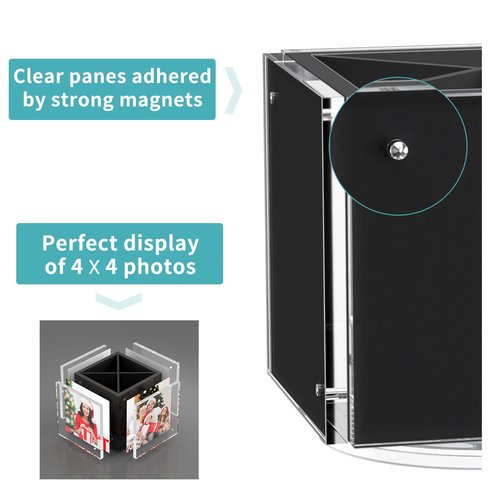 HIIMIEI Acrylic Rotating Pen Holder for Desk, Pencil Holder Picture Frame Holds 4 Family Photos of 4"x4", Desk Pen holder Organizer for Office, Classroom, Home, Kids (Black)