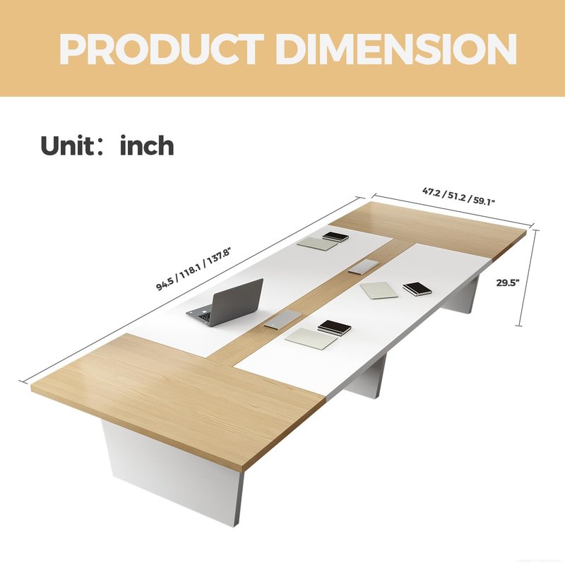 10 ft Conference Table for 10 People, Large Meeting Table with Built-In Power Outlet, Cable Management & 2-Inch Thickened Tabletop, Office Conference Room Table, Walnut and Grey, 118"L x 52"W x 30"H