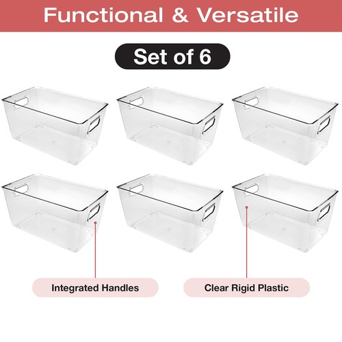 EXCELLO GLOBAL PRODUCTS 10.12" x 6.02" x 5.31" Rigid Plastic Clear Storage Bins for organizing and storing household goods, food, or Office supplies (Pack of 6)