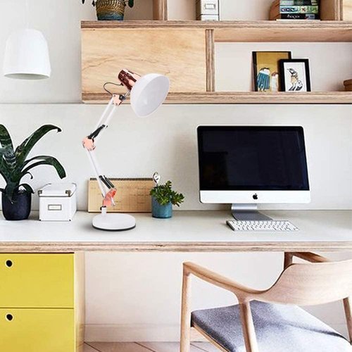 PowerKing Adjustable Metal Swing Arm Desk Lamp - 2-in-1 Function with Base & Clip | White & Rose Gold