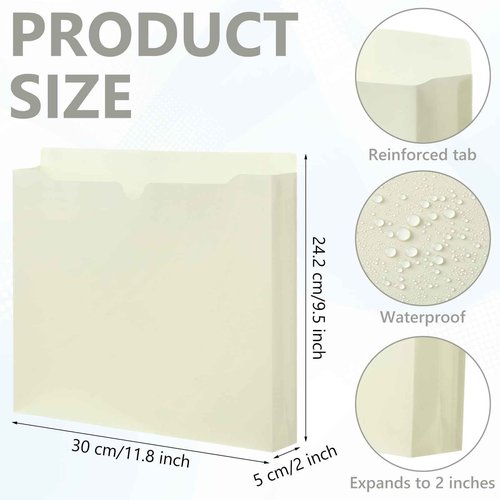Dunzoom 50 Pack 2 Inch Expanding Manila Plastic File Jackets Expandable Folders Heavy Duty 2 Inch Expansion Pocket File Folders Reinforced Straight-Cut Tab (Classic,Beige)