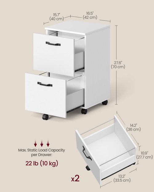 VASAGLE 2-Drawer File Cabinet, Small Rolling Filing Cabinet for Home Office, Printer Stand, for A4, Letter-Size Documents, 15.7 x 16.5 x 27.6 Inches, Snow White UOFC040W46