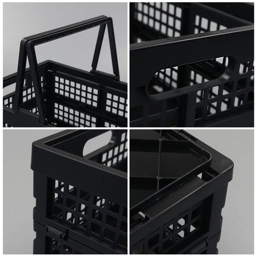 Hommp 2-Pack Collapsible Plastic Crate, 15 L Stackable Folding Crates with Handle, Black