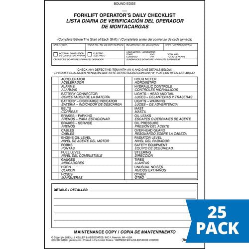 Forklift Operator Daily Checklist 25-pk. - Bilingual, Book Format with 31 Sets, 2-Ply, Carbonless, 5.5" x 8.5", Safety & Maintenance Forklift Checklist Inspection Book, J. J. Keller & Associates, Inc.