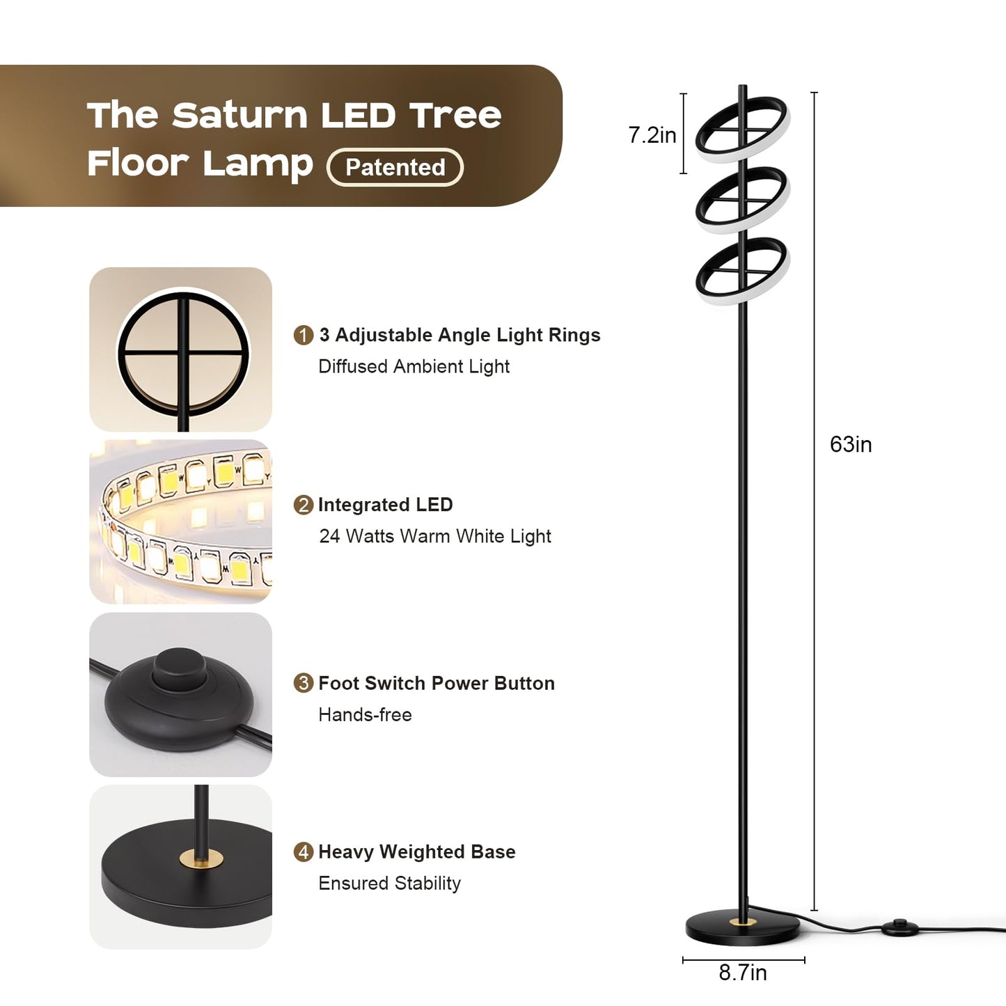 FIGDIFOR Modern LED Floor Lamp - Adjustable 3 Saturn Rings-Contemporary Tall Standing Lamp for Living Room & Office Bedroom Reading-Black