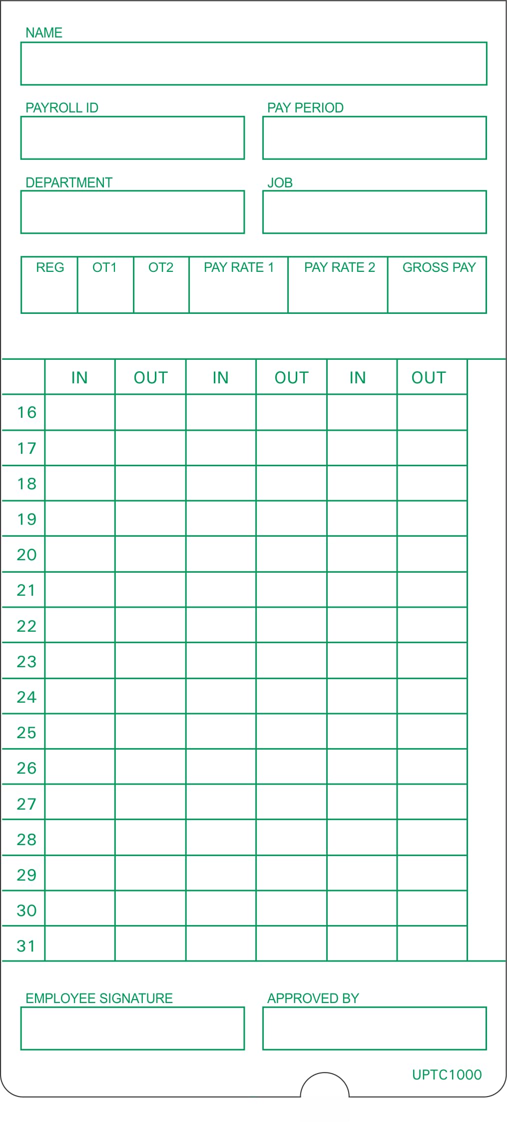 UPTC1000-1 Time Cards, Made In USA, 200-Count, Monthly, 2-Sided, 3 3/8 X 7 5/16, White Card Stock, Green Print Front & Back, Works With uPunch HN3000 Green Front Time Clock